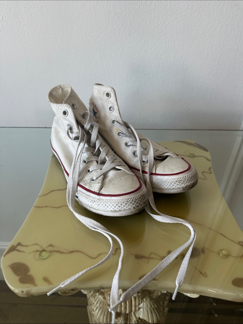 Converse White High Top Sneakers with Red Stripe
